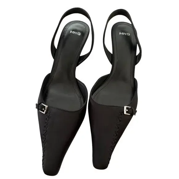 NWOT MANGO Pointed Ballerina Style Slingback Kitten Satin Heels - US 8 EU 39 - Picture 2 of 9